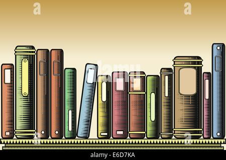 Editable vector illustration of books on a shelf in woodcut style Stock Vector
