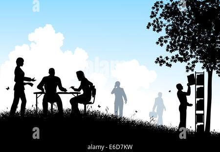 Editable vector silhouettes of workers in a meadow office