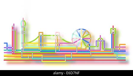 Editable vector abstract design of the London skyline in the style of an underground map with background glow made using a gradi Stock Vector