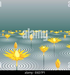 Editable vector illustration of lotus flowers emerging from a lake Stock Vector