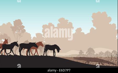 Editable vector illustration of a herd of zebra or ponies at a watering hole with a waiting crocodile Stock Vector