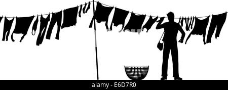 Editable vector silhouette of a man hanging clothes on a washing line Stock Vector