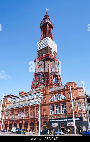 Blackpool Tower in Lancashire, England viewed from the promenade and showing evidence of maintenance Stock Photo