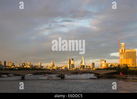 London evening skyline: Waterloo Bridge, River Thames, St Paul's Cathedral, Cheesegrater, Walkie Talkie and modern skyscrapers Stock Photo