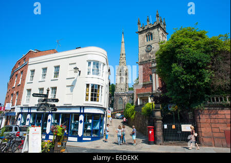 High Street in Shrewsbury, with St Julian's and St Alkmund's churches in summer, Shropshire, England. Stock Photo