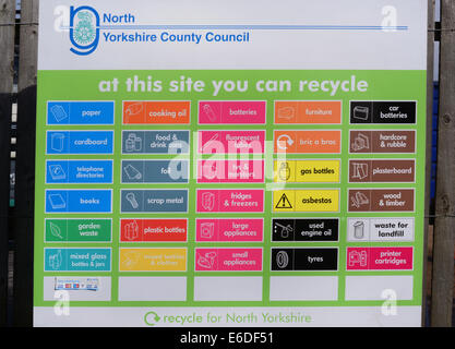 notice board of items that can be recycled at Selby recycling centre by north yorkshire county council united kingdom Stock Photo