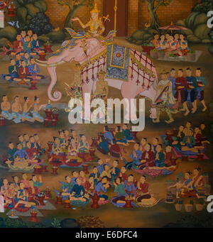 An ornate mural found at Wat Chedi Luang, Chiang Mai, Thailand  depicting traditional Buddhist values. Stock Photo