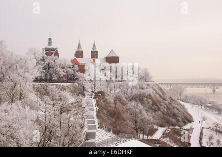 Winter landscape in Plock Poland. Plock Castle and Cathedral on the  Tum Hill. Stock Photo