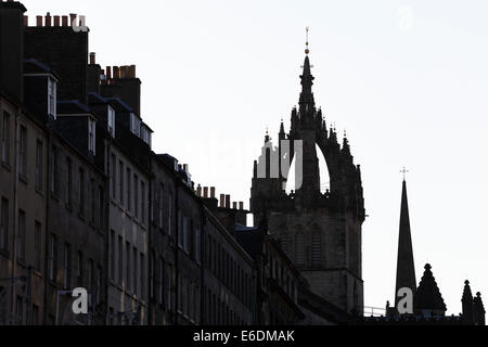 St Giles Cathedral Crown Spire silhouette with the spire of The Hub in the background, Old Town, High Street, Royal Mile, Edinburgh, Scotland, UK