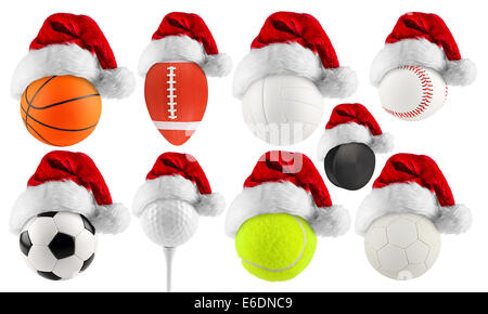 set of santa hats on different balls of sport Stock Photo