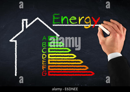 chalkboard with hand and energy efficiency drawing Stock Photo