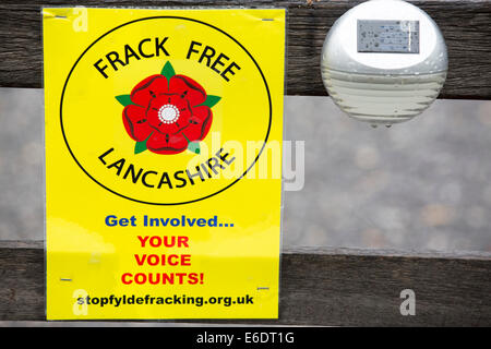 A protest banner against fracking on a house gate near a farm site at Little Plumpton near Blackpool, Lancashire, UK, where the Stock Photo