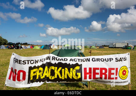 Protest banners against fracking at a farm site at Little Plumpton near Blackpool, Lancashire, UK, where the council for the first time in the UK, has granted planning permission for commercial fracking fro shale gas, by Cuadrilla. Stock Photo