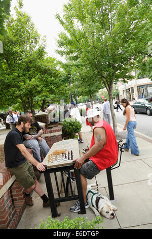 Men playing chess in Pritchard Park, Asheville, North Carolina, USA Stock Photo