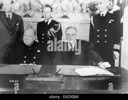 Prime Minister Winston Churchill (L) and President Franklin D. Roosevelt at Conference Table, White House, Washington, DC, Stock Photo