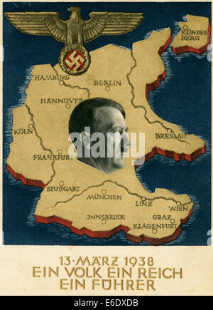 Adolf Hitler Portrait on Map of Germany and Unification with Austria, 'Ein Volk Ein Reich Ein Fuhrer', Postcard, 1938 Stock Photo