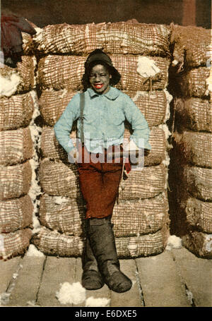 African-American Boy Standing Against Bales of Cotton, ' I Wasn't Born to Labor, Detroit Publishing Company, Hand-Colored Stock Photo