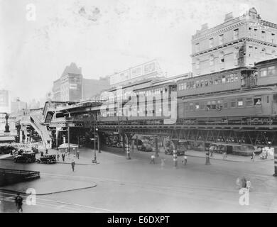 Ninth Avenue Elevated Trains with 66th El Station in Background, New York City, USA, 1933