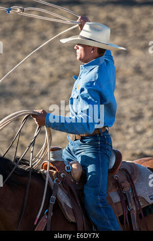 Cowboy on horseback, pick-up man in riding ring, Chaffee County Fair & Rodeo, Central Colorado, USA Stock Photo