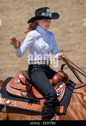 Newly crowned rodeo queen on horseback, Chaffee County Fair & Rodeo, Colorado, USA Stock Photo