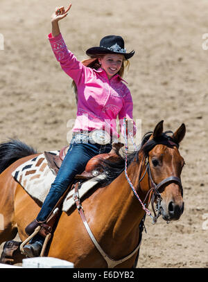 Newly crowned rodeo queen on horseback, Chaffee County Fair & Rodeo, Colorado, USA Stock Photo