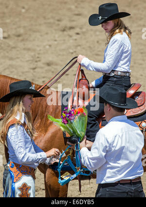 Newly crowned rodeo queen on horseback, Chaffee County Fair & Rodeo, Colorado, USA Stock Photo