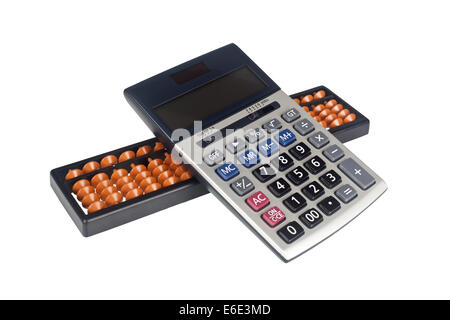 Calculator stack on top of an abacus isolated on white background Stock Photo