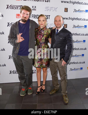 The 15th Film4 Frightfest on 21/08/2014 at The VUE West End, London. Media Wall and Photocall for the opening film The Guest. Attended by the Director (Adam), Writer (Simon) and Actress (Maika). Persons pictured: Adam Wingard, Simon Barratt, Maika Monroe. Picture by Julie Edwards Stock Photo