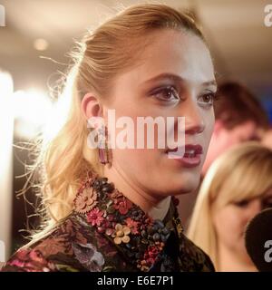 The 15th Film4 Frightfest on 21/08/2014 at The VUE West End, London. Media Wall and Photocall for the opening film The Guest. Attended by the Director (Adam), Writer (Simon) and Actress (Maika). Persons pictured: Maika Monroe. Picture by Julie Edwards Stock Photo