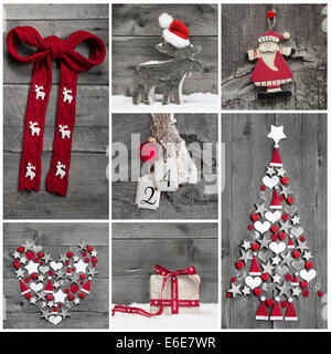 Collage of different red, white and grey christmas decorations on wood. Stock Photo