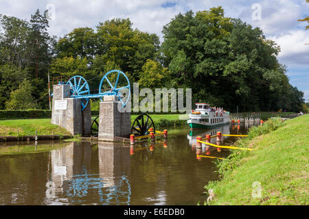 Tourist ship, water ramp Buczyniec, Elblaski Canal Poland Stock Photo