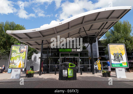 The front of and entrance to the Hopwood Park Welcome Break motorway Services on the M42, south of Birmingham. UK Stock Photo