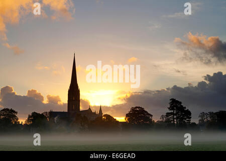 A layer of mist over the water meadows beside Salisbury Cathedral in Wiltshire, England, photographed at sunrise. Stock Photo