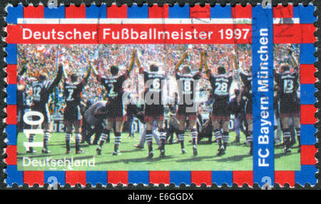 GERMANY - CIRCA 1997: Postage stamp printed in Germany, shows the FC Bayern Munchen, 1997 German Soccer Champions, circa 1997 Stock Photo