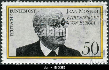 Stamp printed in Germany, Jean Monnet, French proponent of unification of Europe, became first Honorary Citizen of Europe, 1976 Stock Photo