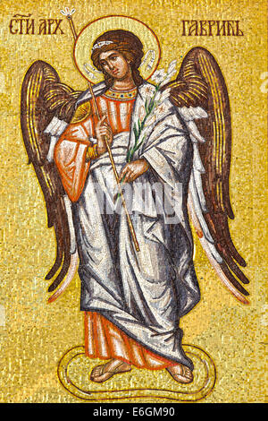 Archangel  Gabriel' s mosaic icon on Serbian Orthodox church wall. Stock Photo