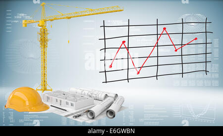 Drawings, tower crane, a helmet and a house under construction Stock ...