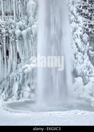 Close up of Horsetail Falls with ice and snow. Columbia River Gorge National Scenic Area, Oregon