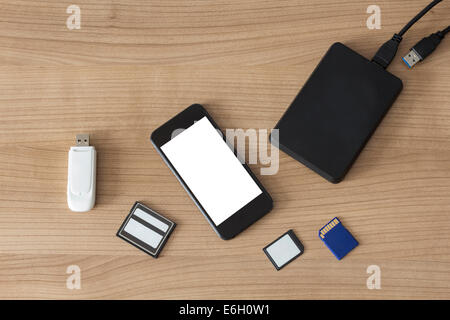 An USB Stick an external hdd, different memory cards and a smartphone with white isolated screen on a wooden desk Stock Photo