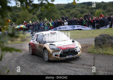 Baumholder, Germany. 23rd Aug, 2014. Mads Ostgerg (Norway) and co-driver Jonas Andersson(Sweden) pass the special stage of the ADAC Rallye Deutschland part of the WRC Rallye Championships at the military training grounds in Baumholder, Germany, 23 August 2014. Photo: THOMAS FREY/dpa/Alamy Live News Stock Photo