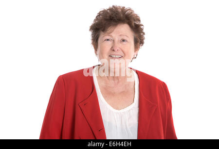 Pretty older attraktive and smiling woman in red isolated over white background.