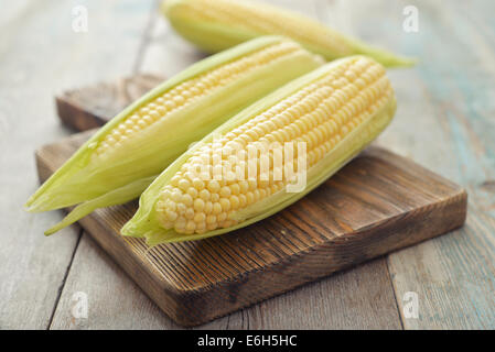 Raw corn cobs on wooden background closeup Stock Photo