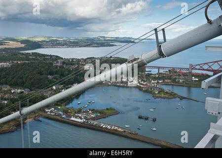 View from top of the Forth Road Bridge. Looking north-east toward North Queensferry harbor and Fife countryside Stock Photo