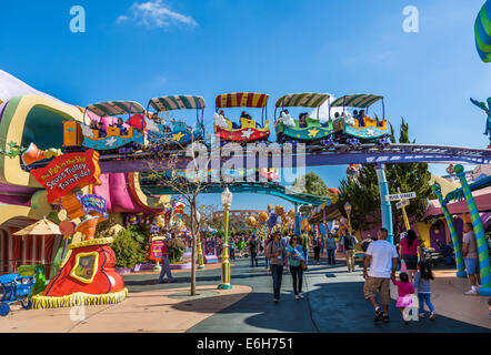 The High in the Sky Seuss Trolley Train Ride at Seuss Landing in Islands of Adventure at Universal Studios, Orlando Stock Photo