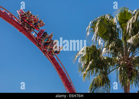Park guests riding the Hollywood Rip Ride Rockit roller coaster at Universal Studios in Orlando, Florida Stock Photo