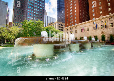 Mellon Square Park is an urban oasis with a bronze fountain, built atop a downtown parking garage in Pittsburgh, Pennsylvania. Stock Photo