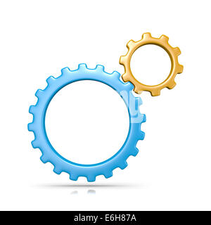 Two Plastic Colorful Gears Engaged 3D Illustration Isolated on White Background Stock Photo