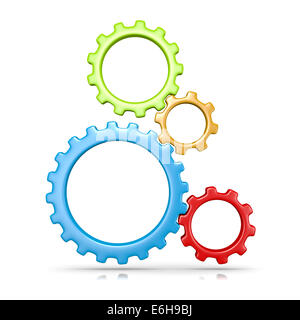 Four Plastic Colorful Gears Engaged 3D Illustration Isolated on White Background Stock Photo