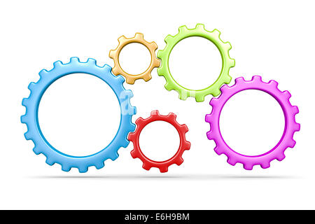 Five Plastic Colorful Gears Engaged 3D Illustration Isolated on White Background Stock Photo