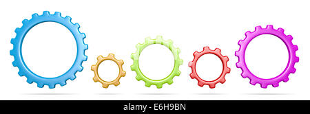 Five Plastic Colorful Gears Collection 3D Illustration Isolated on White Background Stock Photo